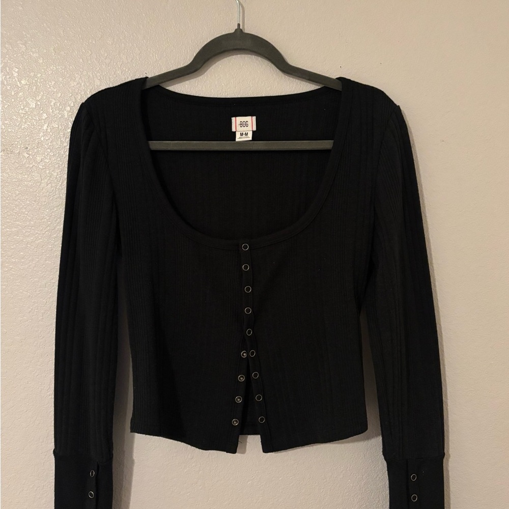 BDG Black Ribbed Button-Down Top